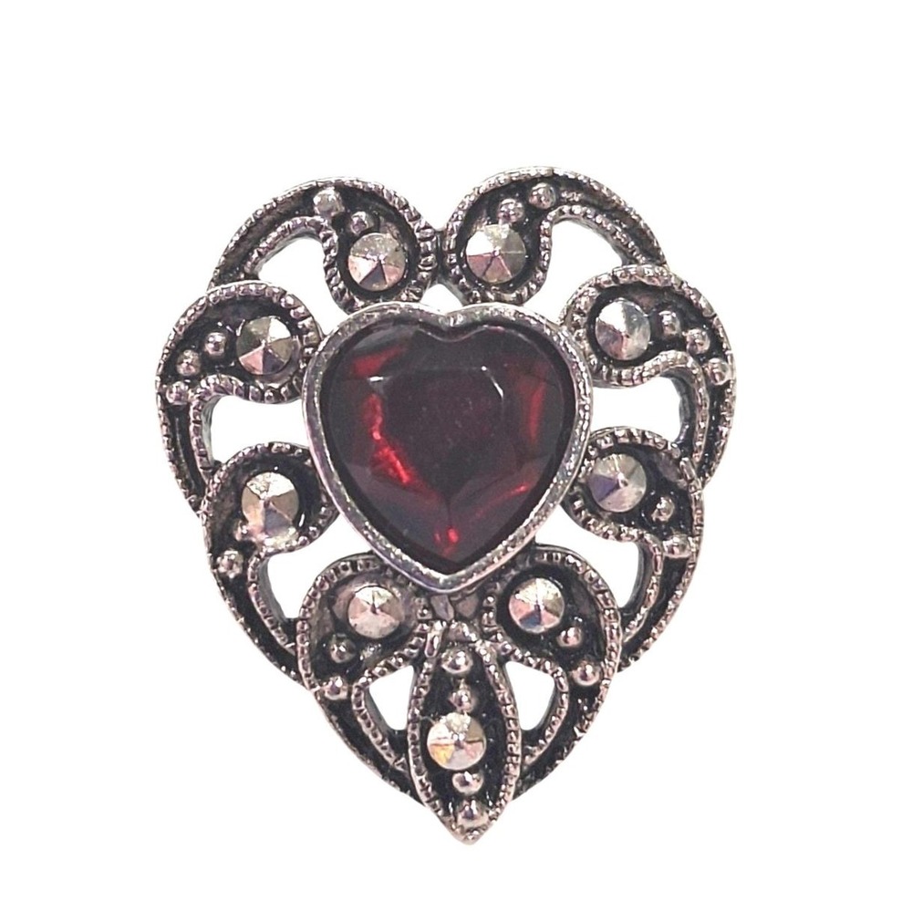 Vintage WN Heart Pin Silver Tone Red Crystal Marcasite Style Filigree Lapel Pin
